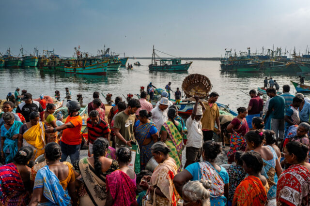 Peak hour at the fish market - people waiting for the fish to come in from the boats